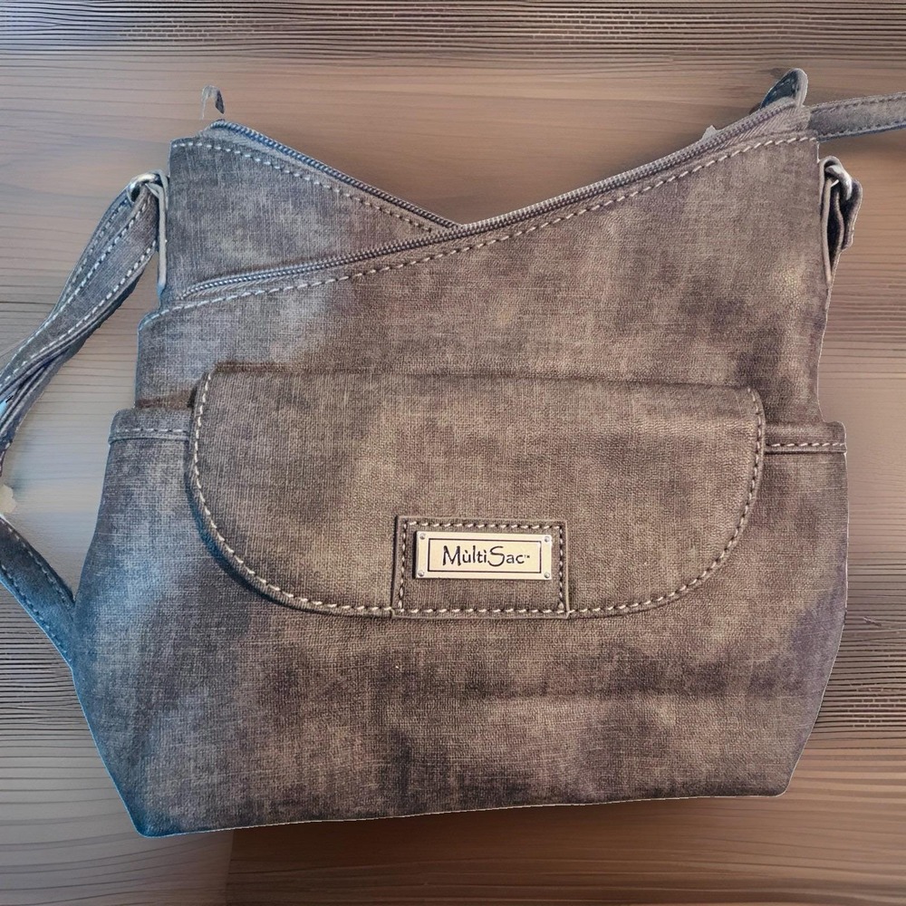 MultiSac Gray Crossbody Bag Purse Handbag Zip Pockets Adjustable Strap Clean
